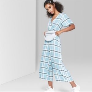 Wild Fable Wide Leg Surplice Blue Plaid Jumpsuit Size Medium